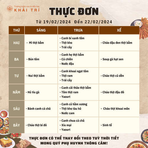 Thực Đơn Tuần Mới (Từ 19/02/2024 - 24/02/2024)